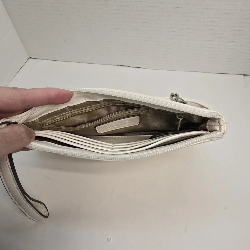 Elle Cream White Pleated‎ Clutch Wristlet Featuring Logo Charm